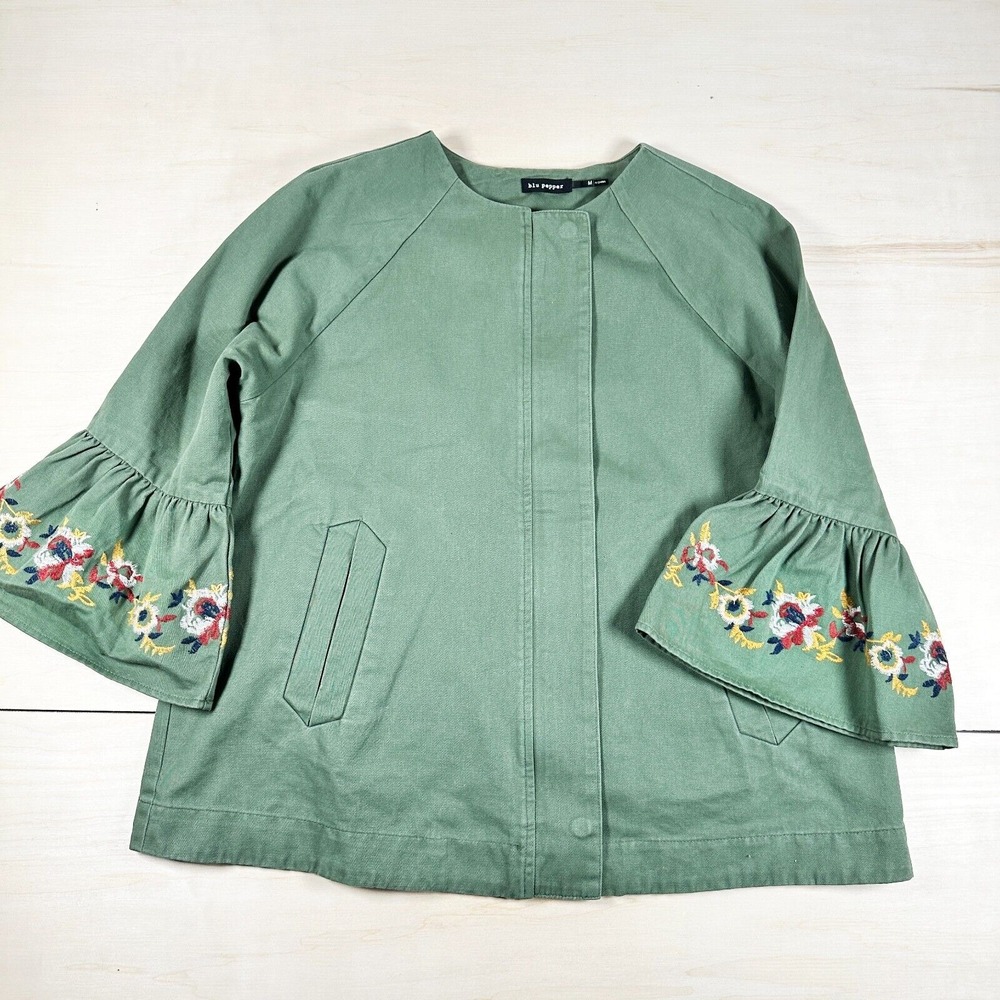 Blu Pepper Green 100% Cotton zip 3/4 Bell Sleeves with Embroidery Jacket Size M‎